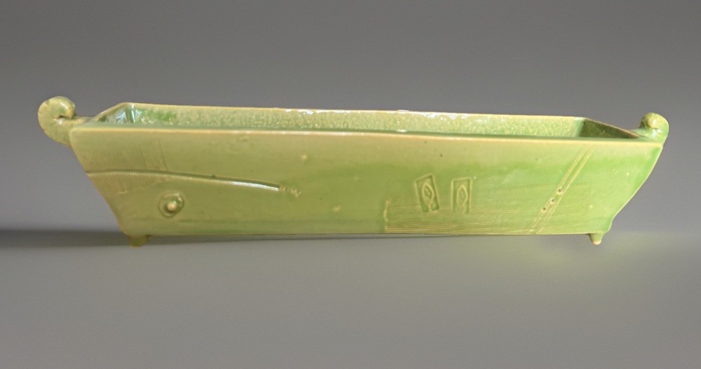 Handmade Studio Pottery Rectangular Dish Green Glazed Ceramic Tray With Handles