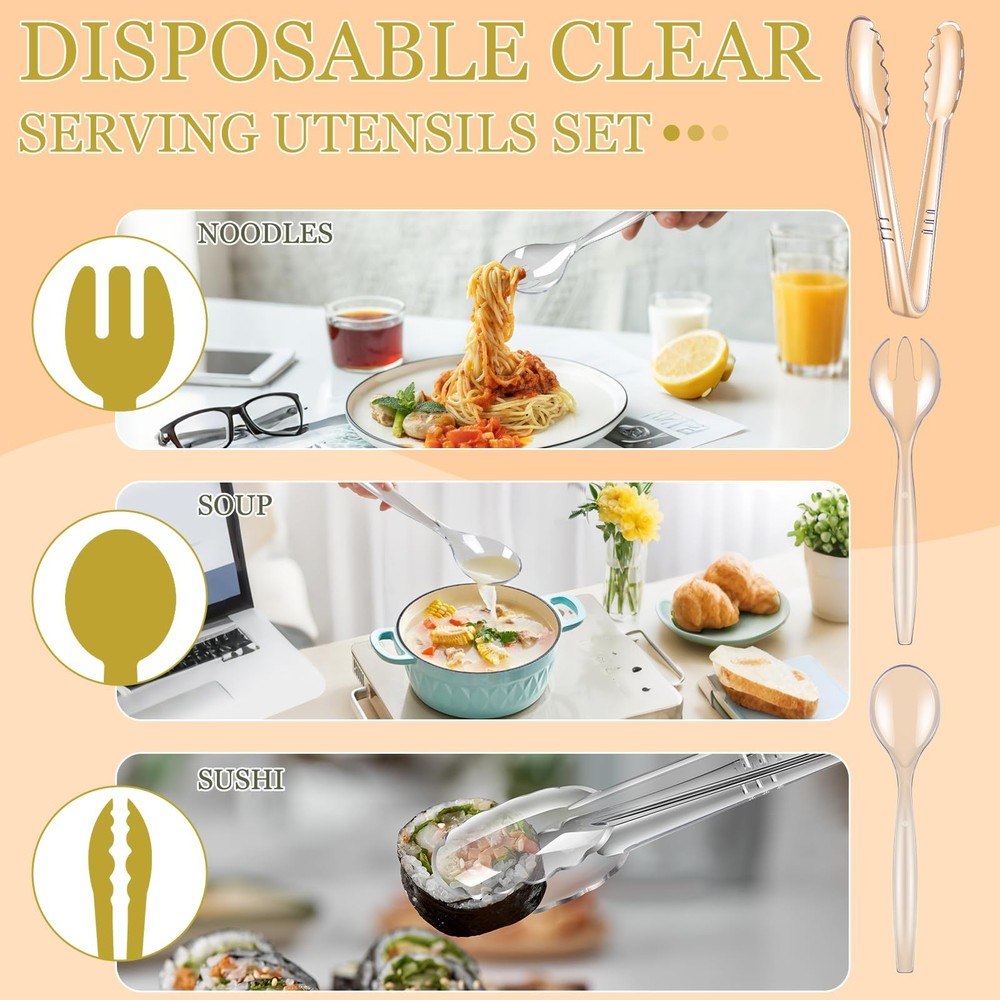 24 Pcs Disposable Clear Plastic Serving Utensils, 8 Set Including Plastic Ser...
