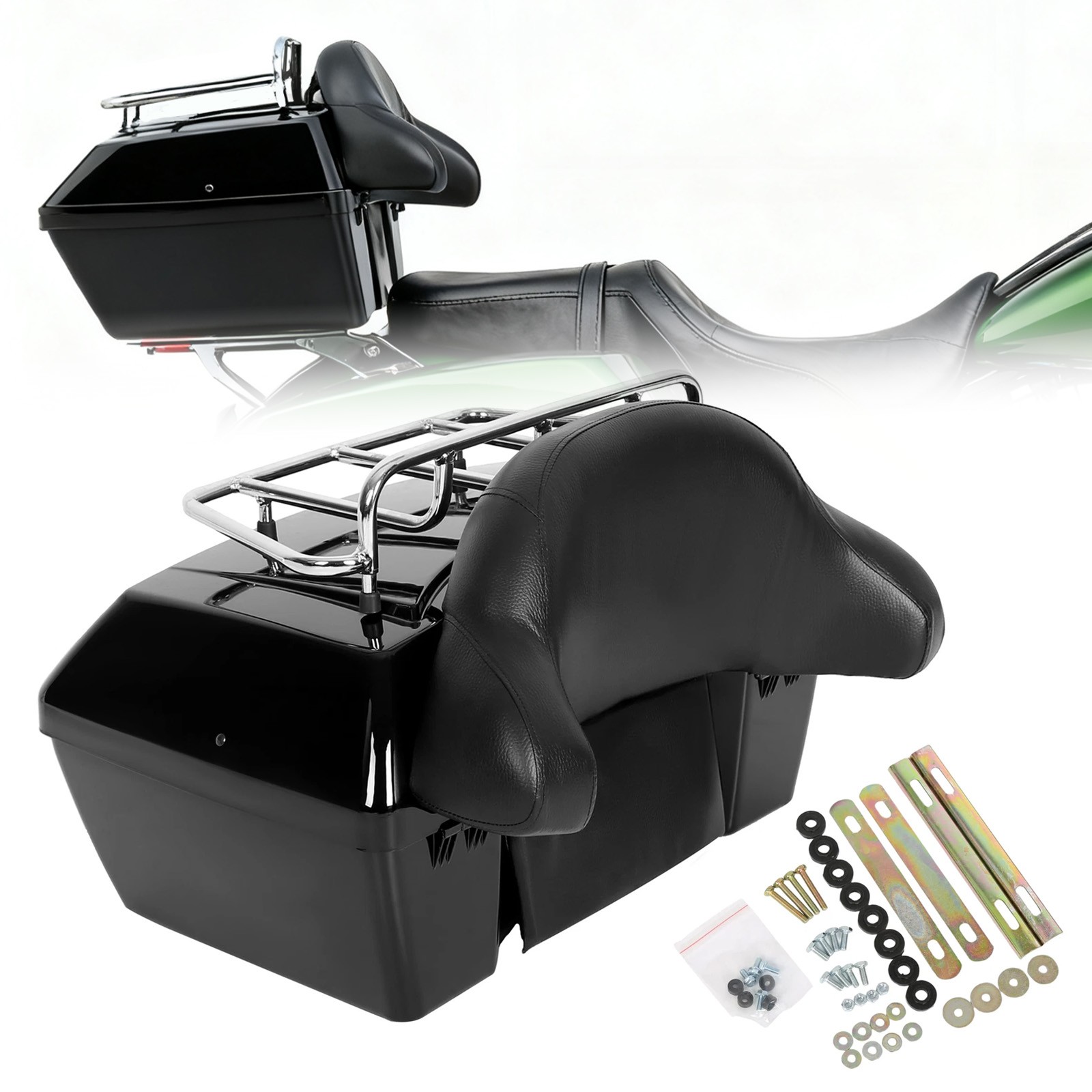 Universal Motorcycle Tail Box Luggage Trunk w/ Top Rack For Harley Honda Cruiser
