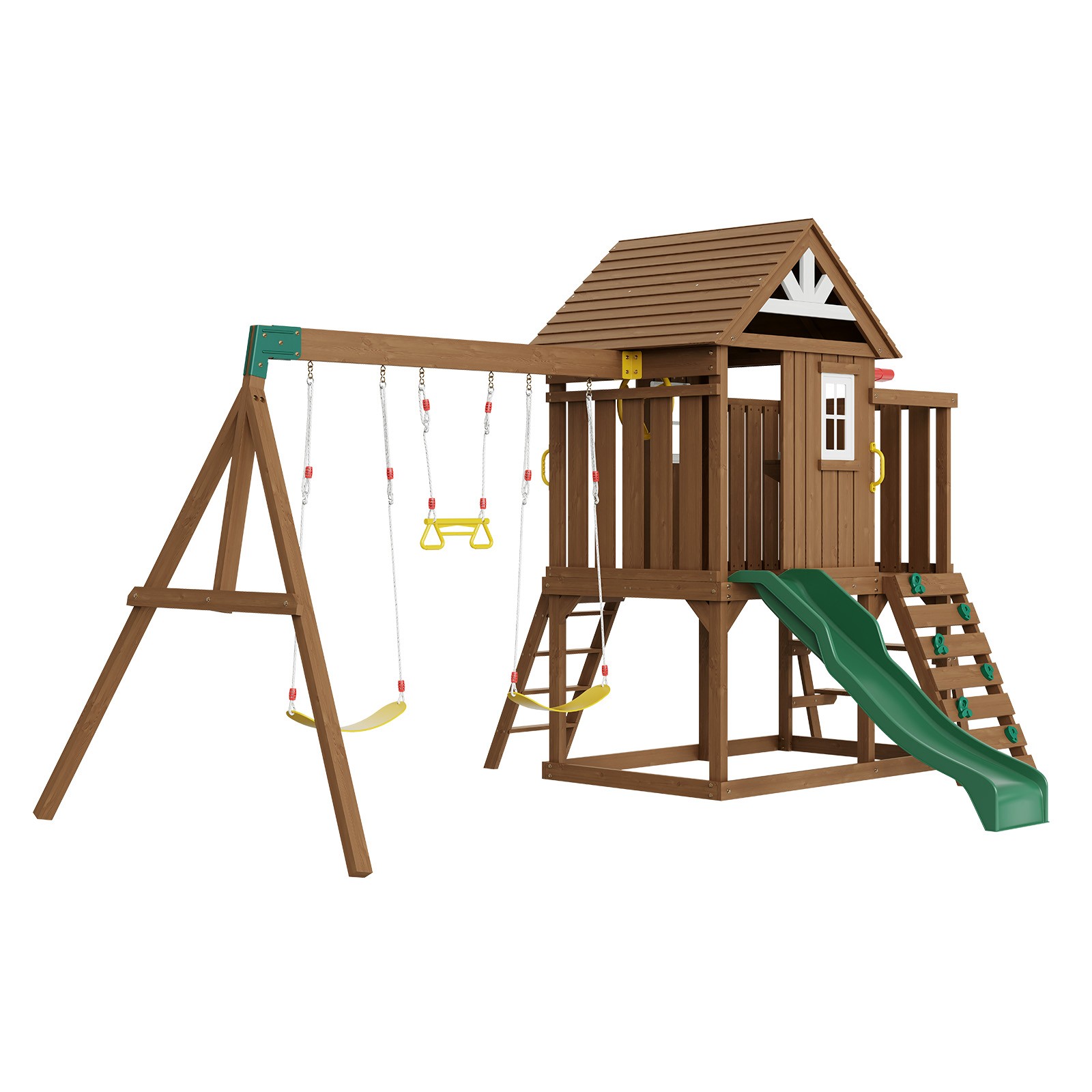 Wooden Swing Set 9 IN 1 Outdoor Playground Sets 6 FT Slide Upper Fort