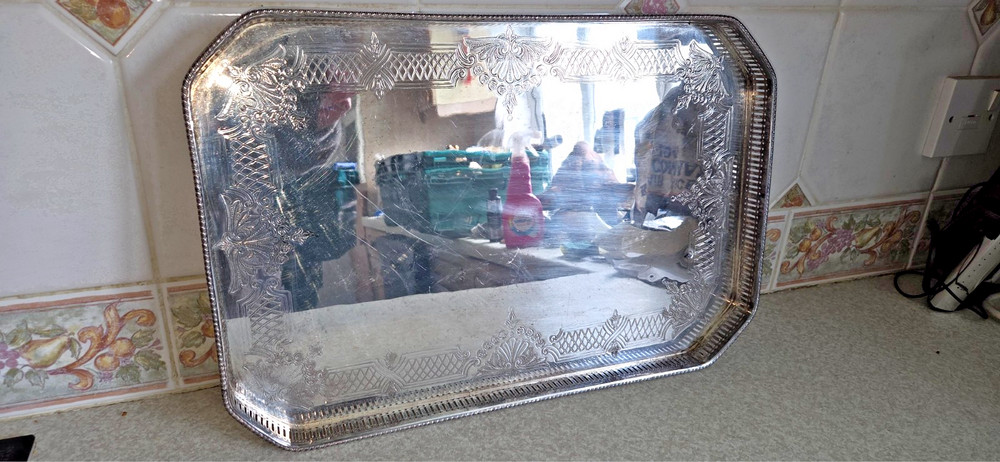 Vintage Heavy Sheffield Silver Plate Galleried Rectangular Footed TRAY Chased