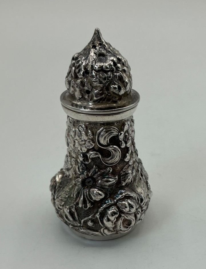 Antique Set Stieff Rose Sterling - Salt Cellar, Spoon and Pepper Shaker, 4 pc