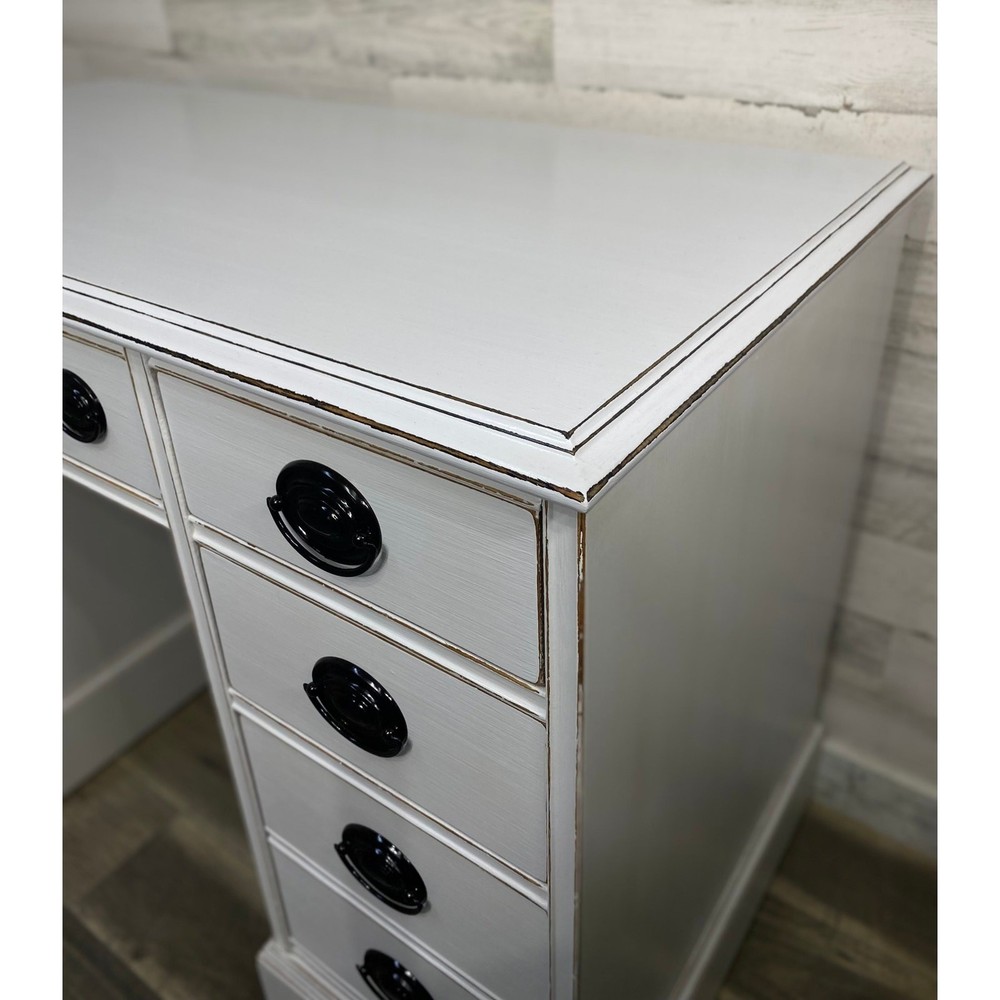 White Vintage Desk Refinished Black Hardware Sturdy