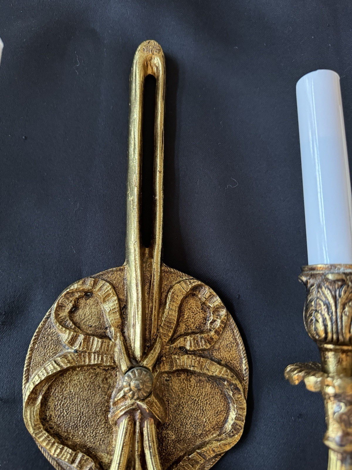 PAIR Vintage French Brass Bow Tassels Wall Sconce Candelabras 2 Pair Available