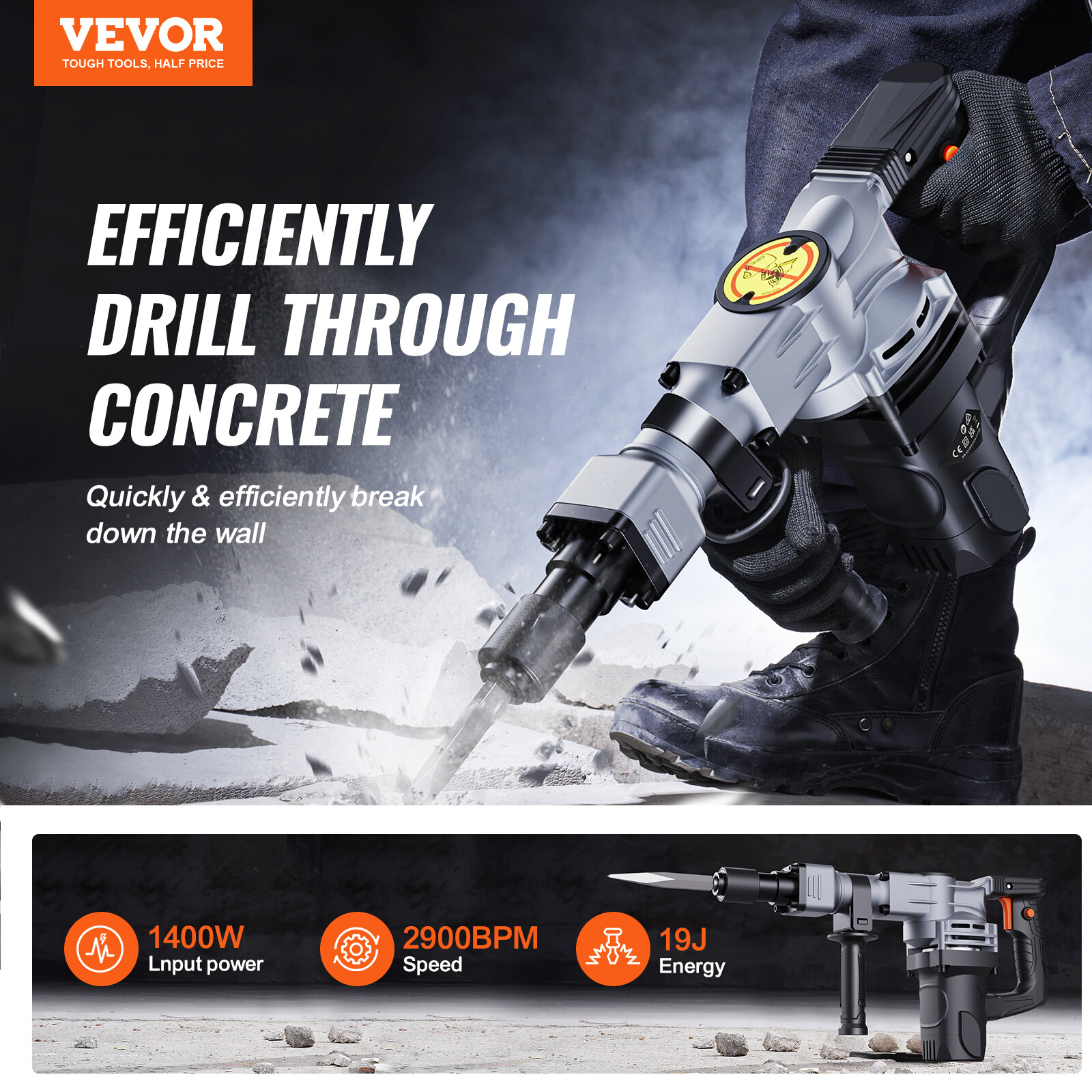 VEVOR Demolition Jack Hammer Concrete Breaker 1400W Hammer 2 Chisel Bit Black