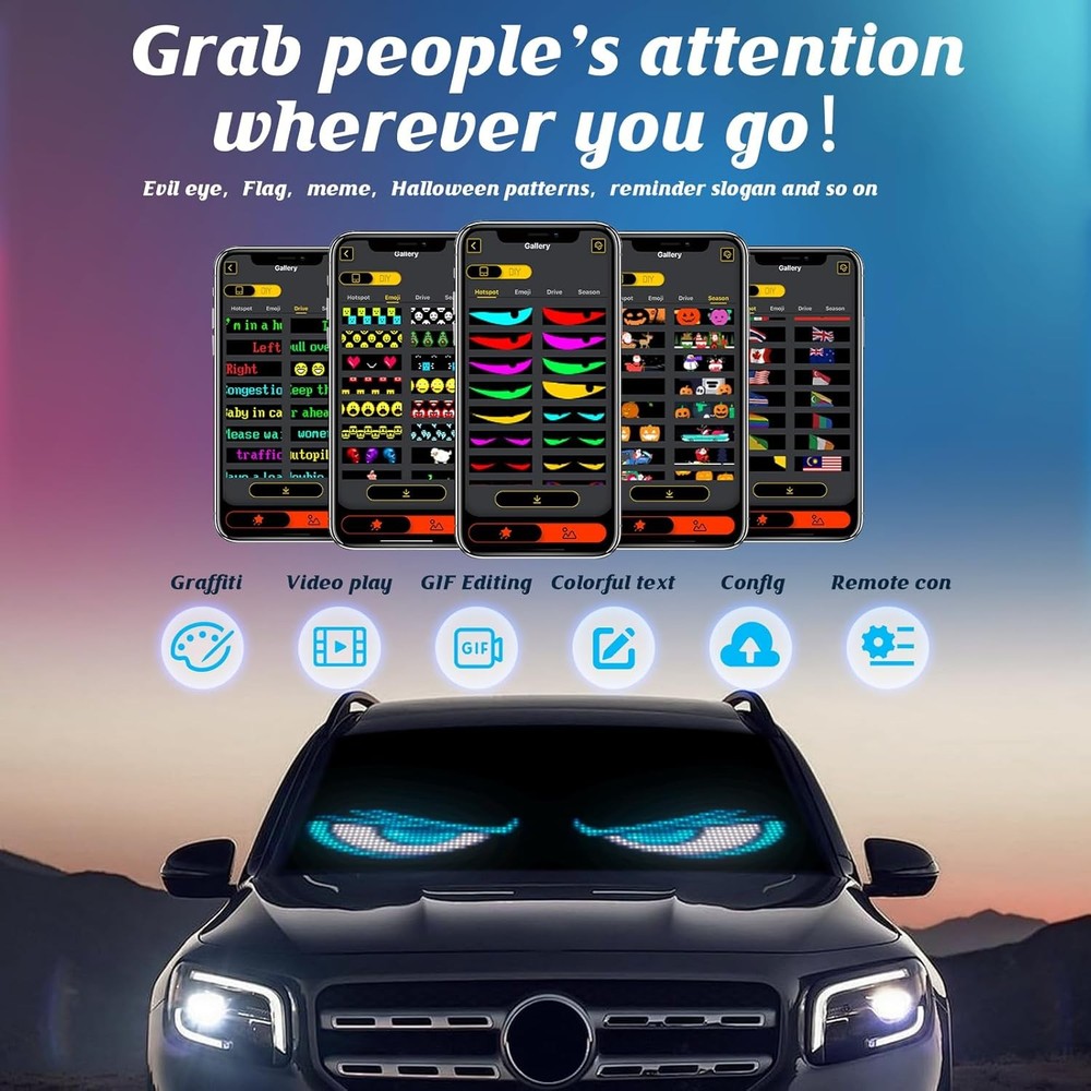 23.42"X4.72" Programmable Eyes LED Windshield Display Remote/App Control, Custom