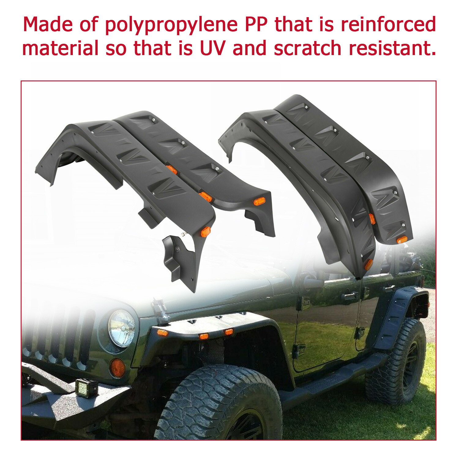 For 07-18 Jeep Wrangler JK Pocket Rivet Style Smooth Fender Flares w/LED 4PCS