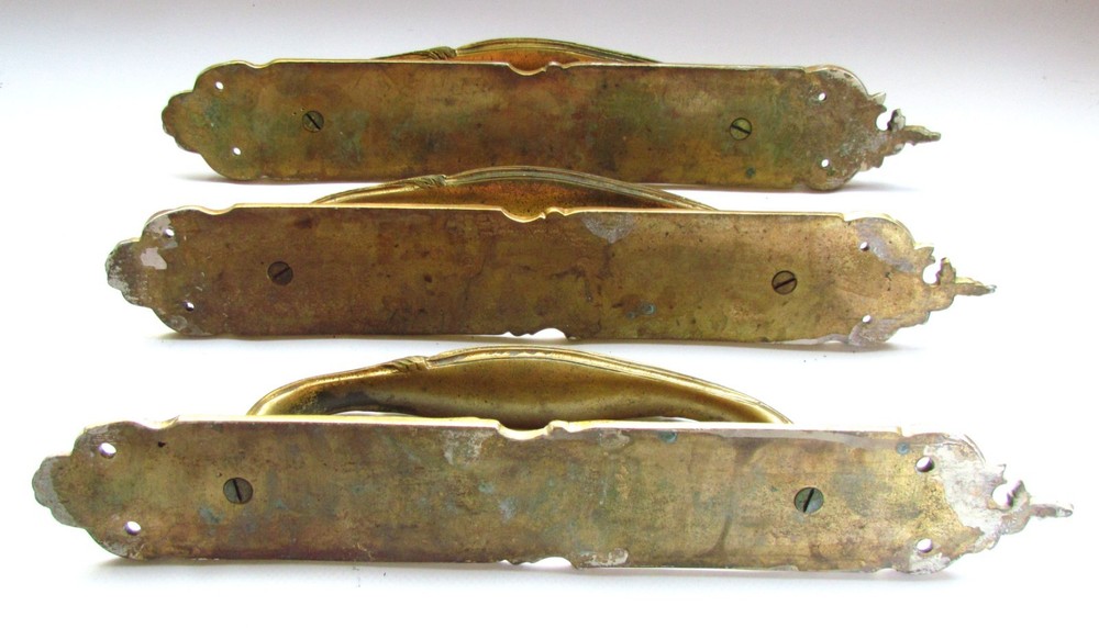 Antique Victorian Rococo Brass Door Pull Handles x 3