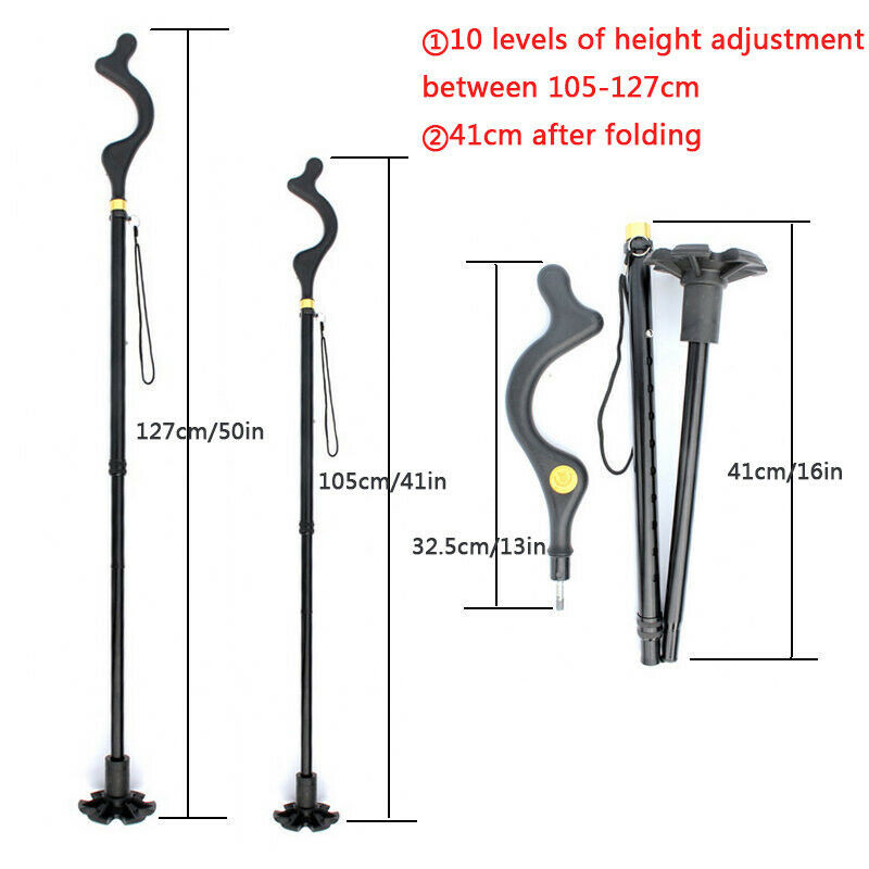 Walking Stick Folding Cane Elder Self Standing Adjustable Height Trekking Pole