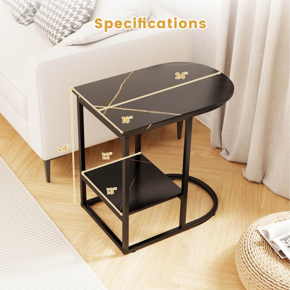 2PCS C-Shaped Side Table Compact 2-tier Storage End Table for Small Space Black