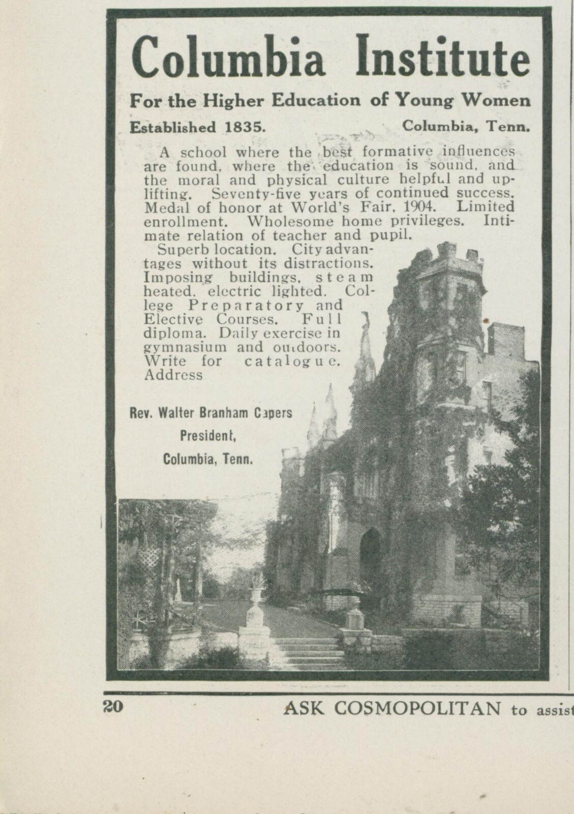 1910 Columbia Institute For Young Women Columbia Tennessee Vintage Print Ad CO2