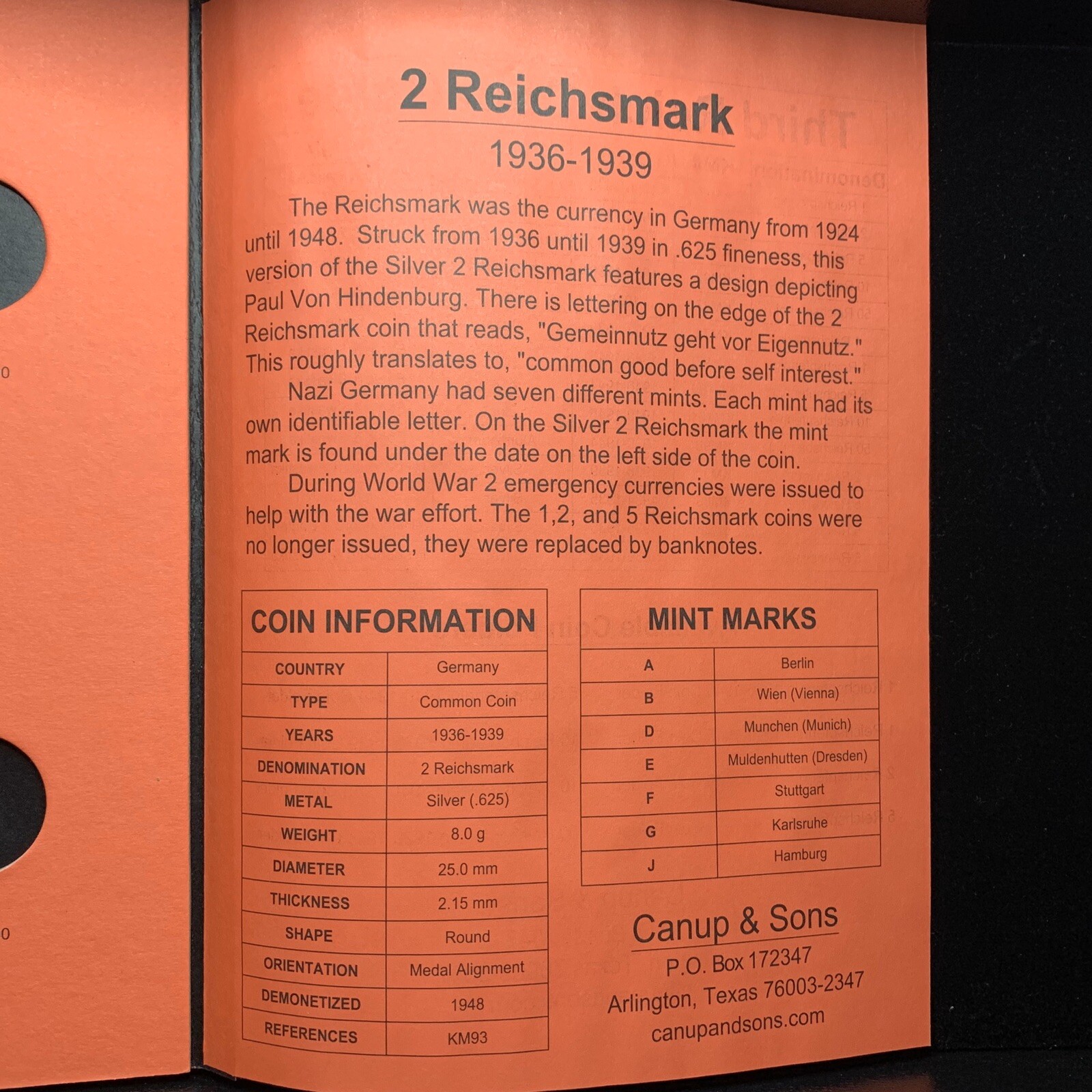 Third Reich Silver 2 Reichsmark 1936-1939 Coin Folder Flat Opening Album