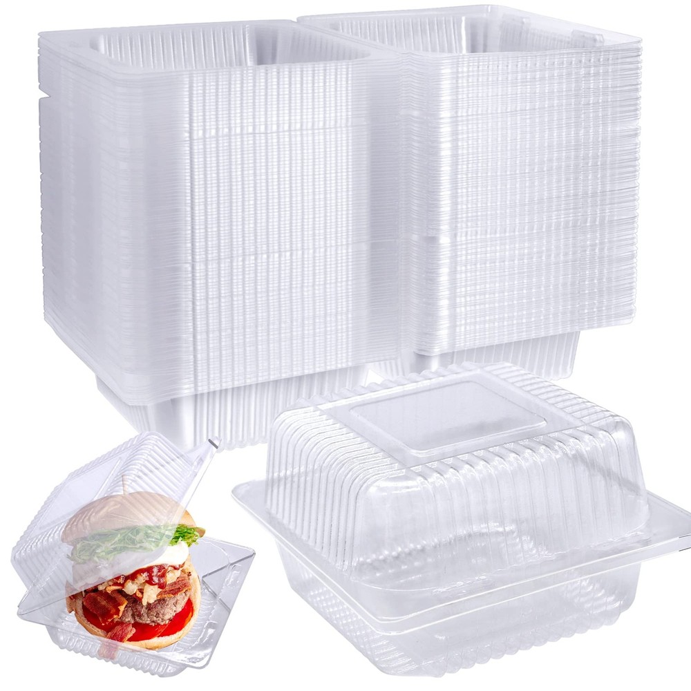 100 Pcs Clear Hinged Plastic Containers Clamshell Cake Slice PW15 Lids Square