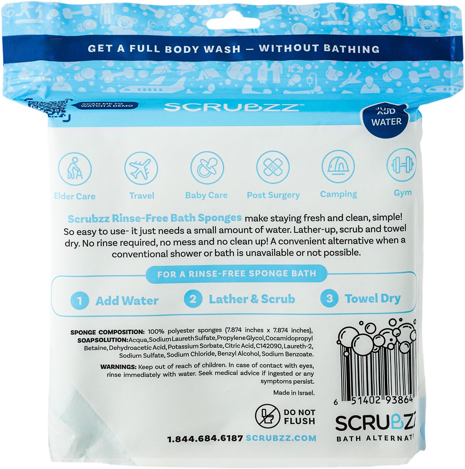 Scrubzz Disposable Rinse Free Bathing Sponges - Unscented, 50 Count
