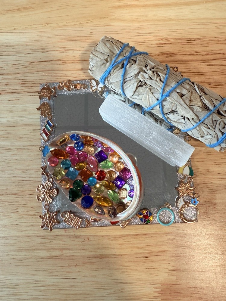 Abalone Shell, Flat Mirror, White Sage, Bundle, And Selenite Wand
