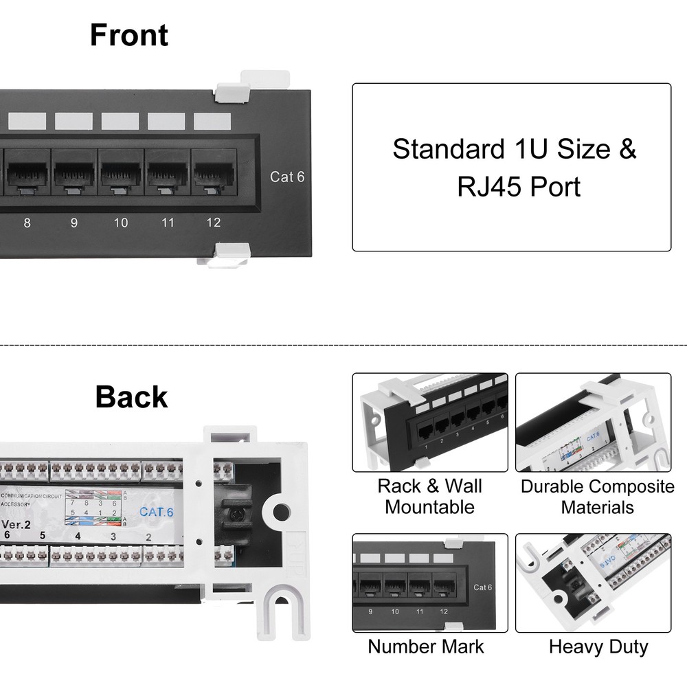 Patch Panel, 2.3" x 10" Cat6 Key Stone Network 12-Port Patch Panel with Base