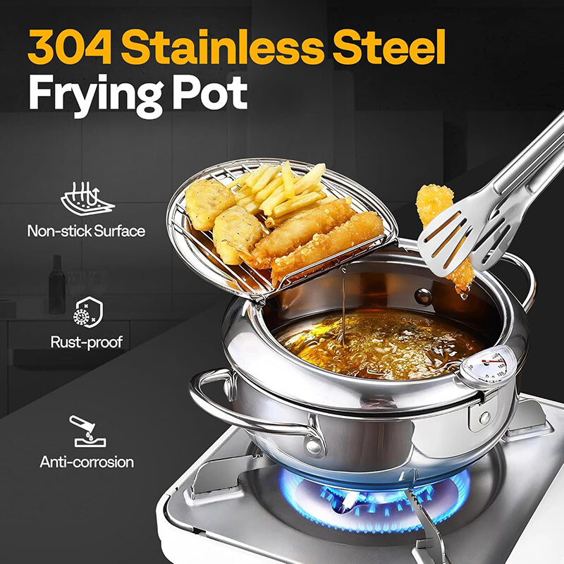Japanese Style Deep Fryer Pot Stainless Steel with Tong Thermometer Oil Drainer