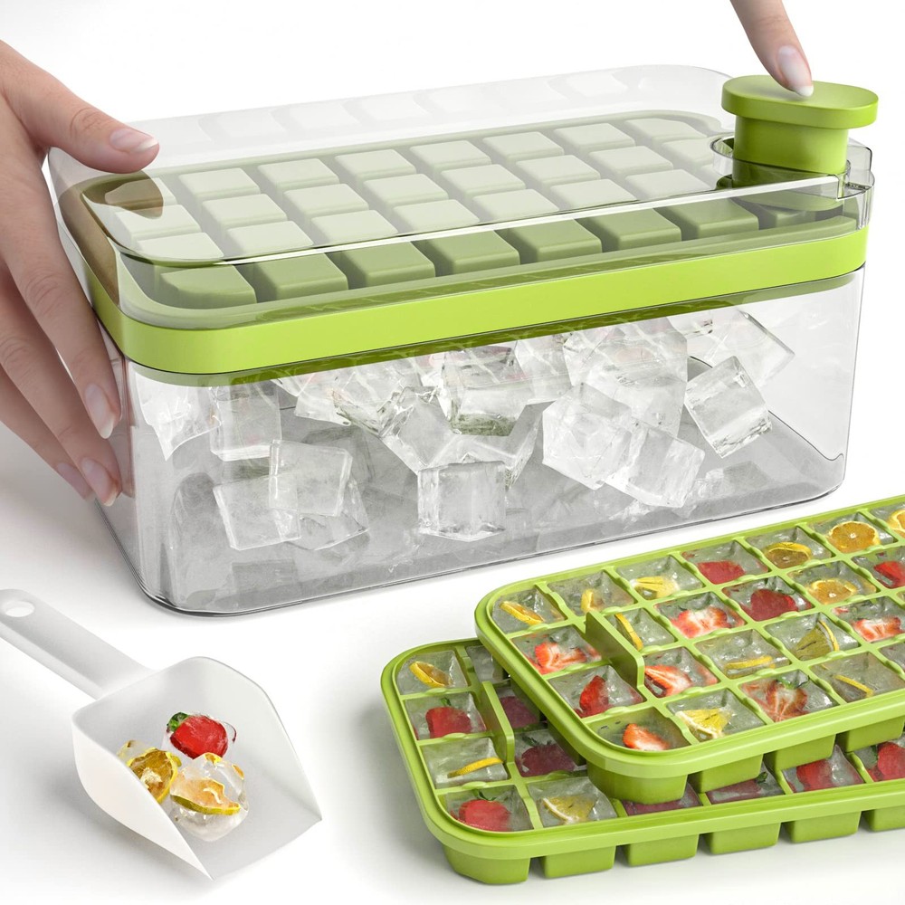 One Button Release Ice Cube Tray w/ Lid Container Tiny Freezer Mold Crushed Ice