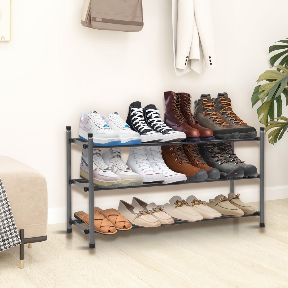 3-Tier Expandable Shoe Rack for Closet & Entryway, Adjustable 18"-33" Stackab...