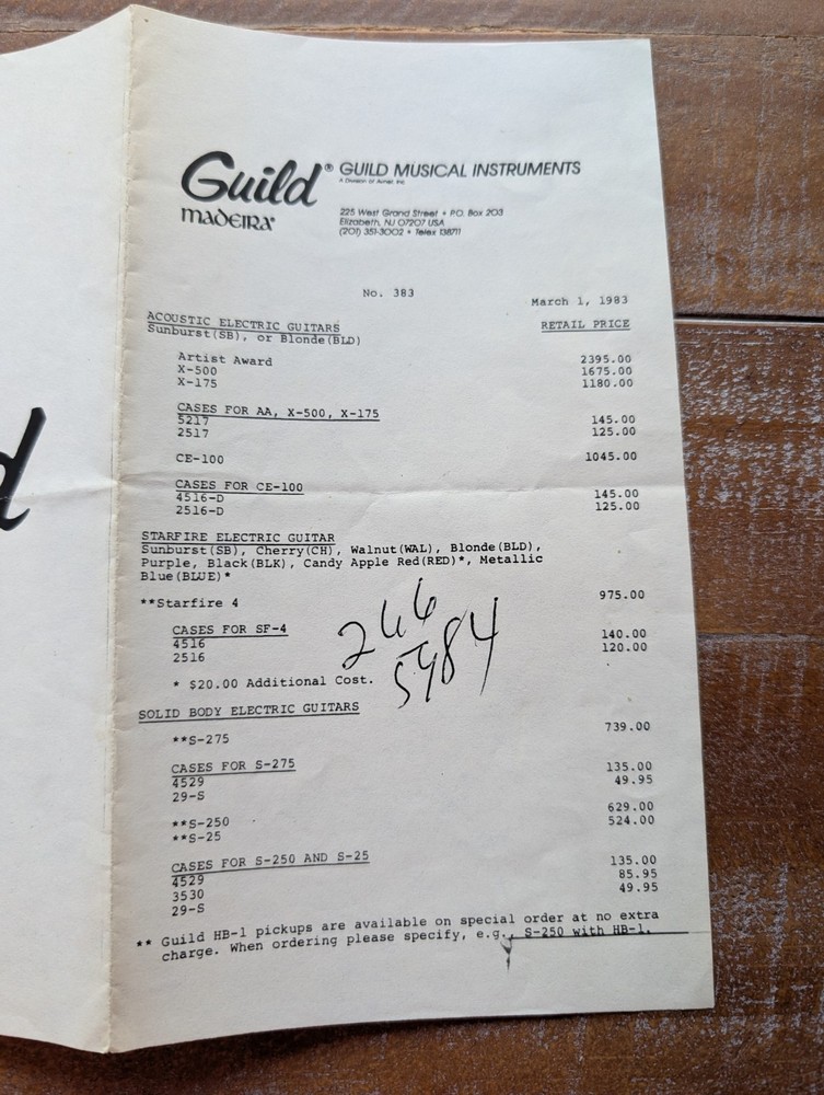 Guild 1983 Guild USA Instruments 2 Sided Price Sheet