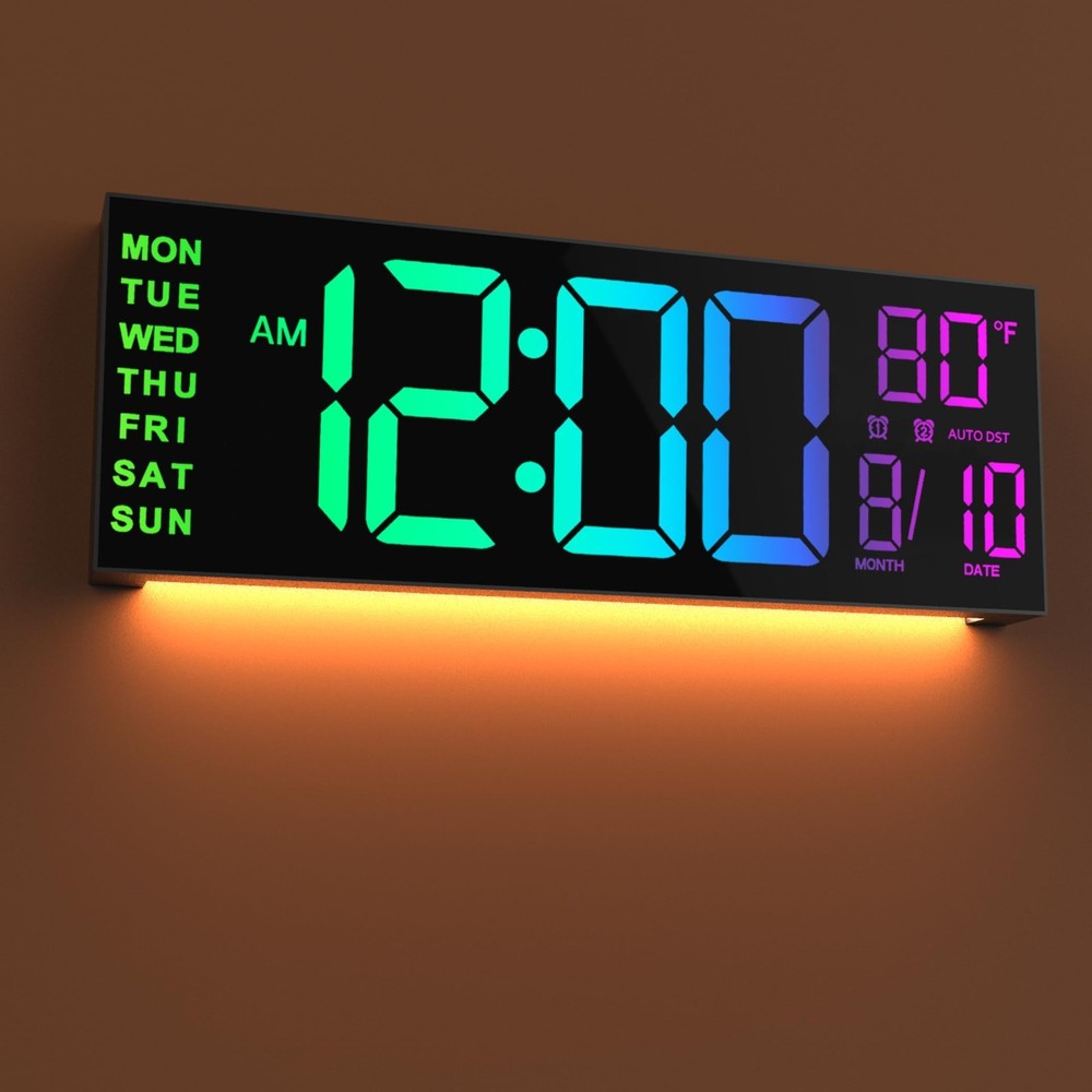 LED Wall Clock 16" with Large Display, Alarm,Timer, Temp,Date & Soft Night Light