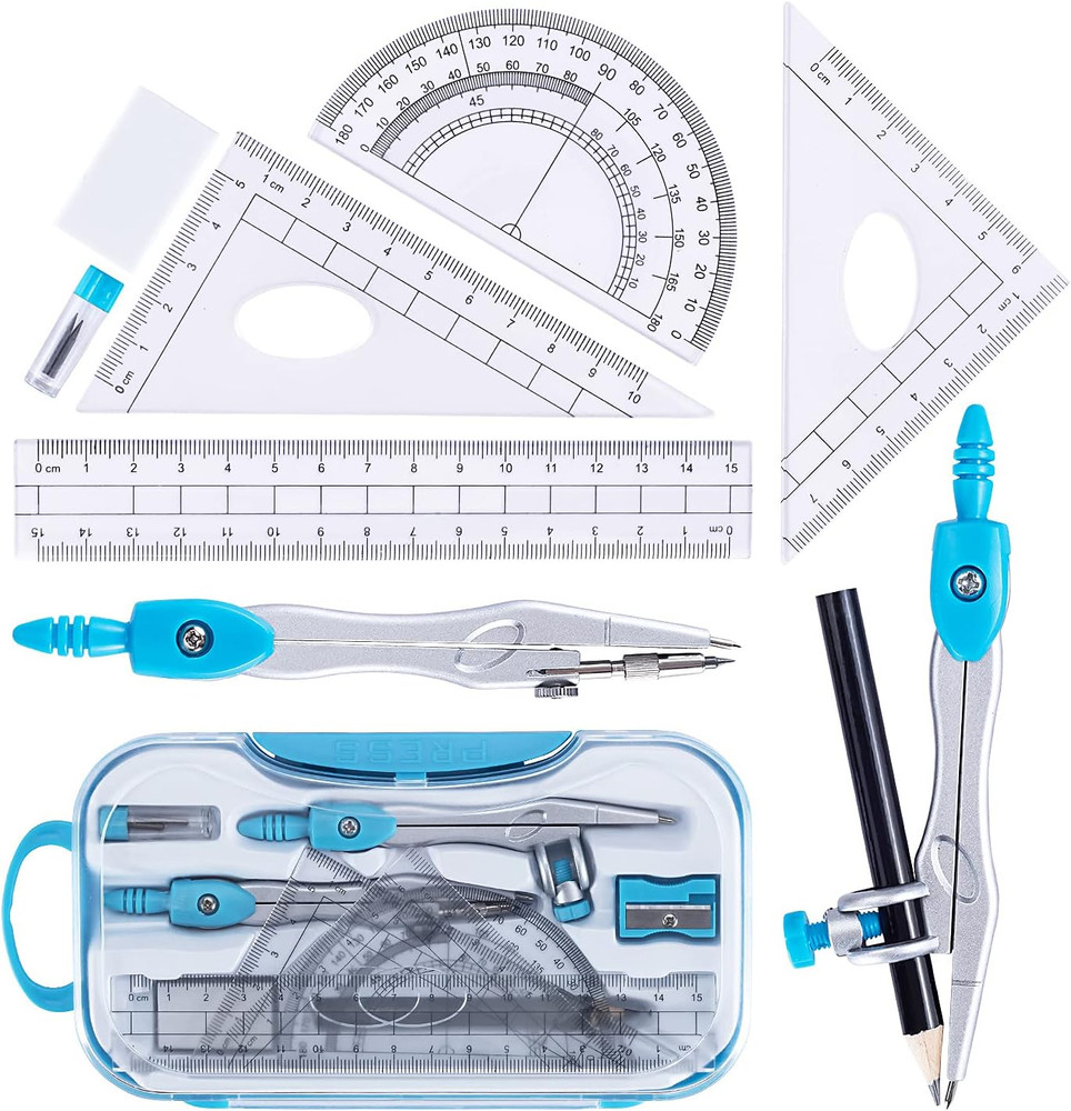 Math Geometry Kit Set 10 Pieces with Shatterproof Storage Box, Student Suppli...