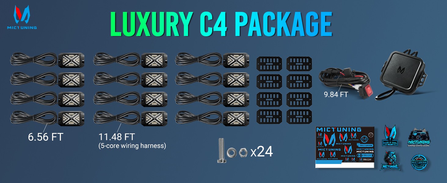 MICTUNING C4 RGBW LED Rock Lights - 12 Pods Full Anglw Underglow Underbody Lamp