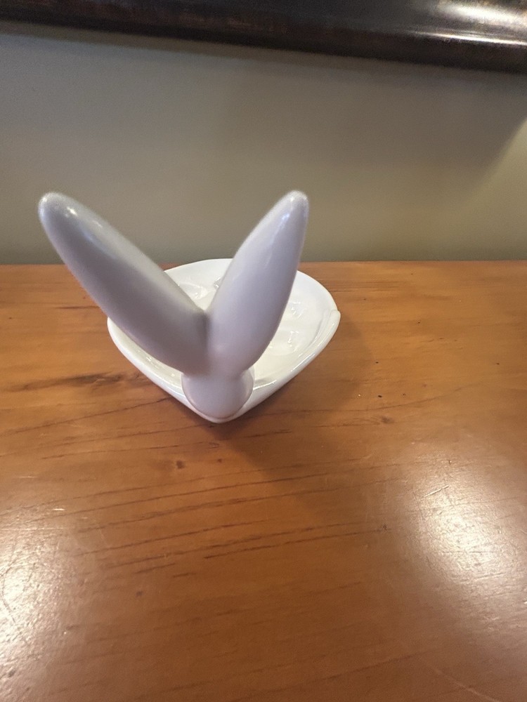 Whimsical White Stoneware Bunny Egg Display Easter Spring 7”W 11”L