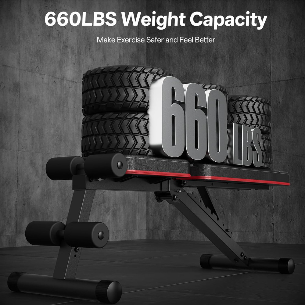 Adjustable Weight Bench, Foldable Incline Decline Flat Bench with 660 Lb Capacit