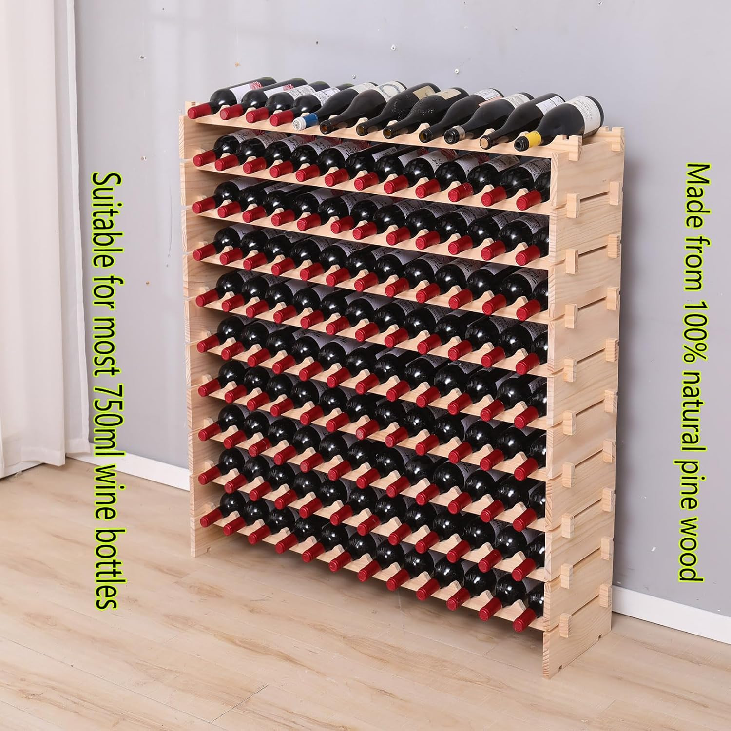 Wood Stackable Storage Modular Wine Rack Cabinet 120 Bottle Freestanding Floor W