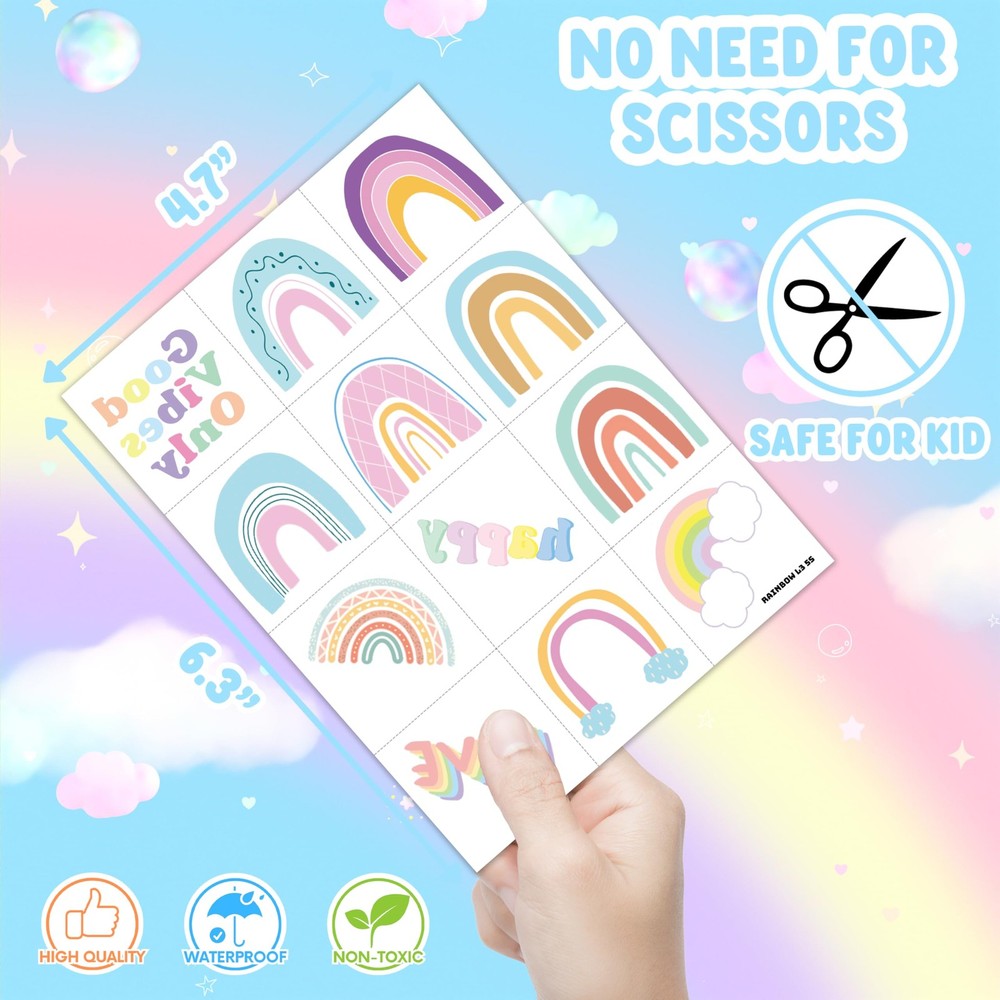60 PCS Pastel Rainbow Pre-Cut Temporary Tattoos Sticker Medium, Multicolor