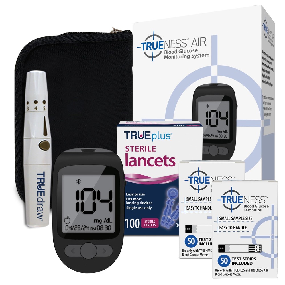 Blood Glucose Meter Bundle - Bluetooth Compatible, 100 Test Strips, 100 Lancets