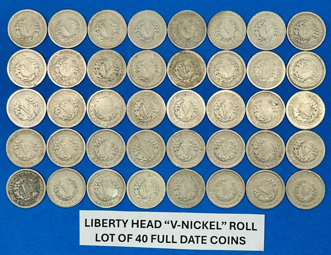 Liberty Head V Nickel Roll Lot of 40 FULL DATE Coins Dated 1900-1912