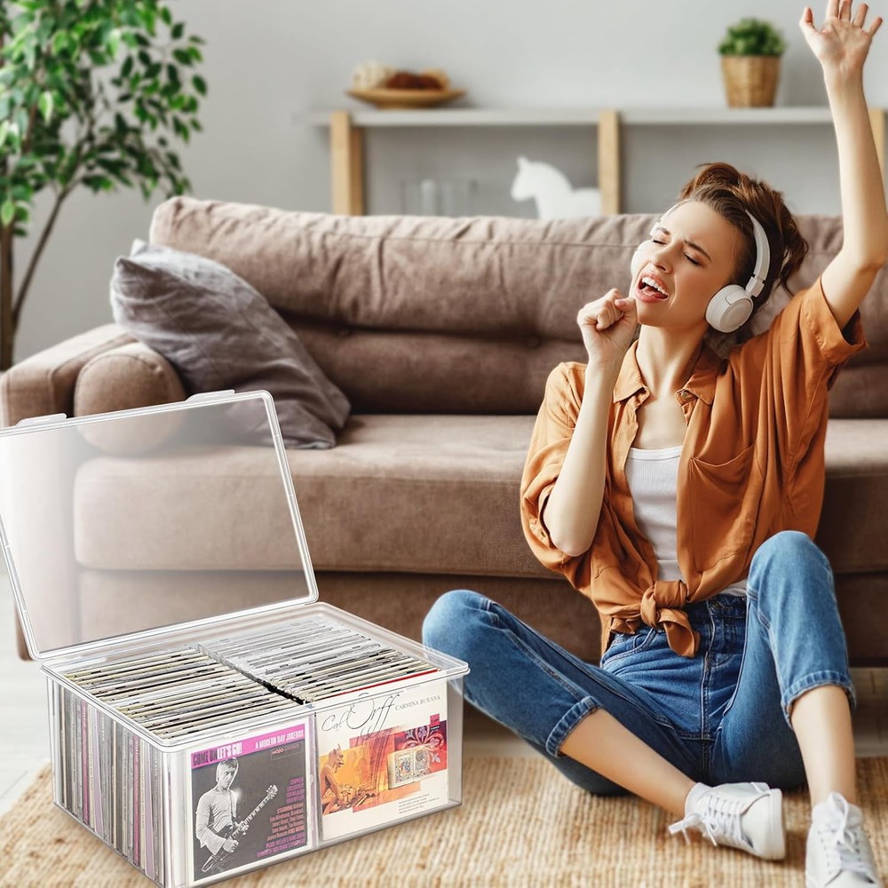 CD Storage Box, Stackable Clear Plastic Organizer