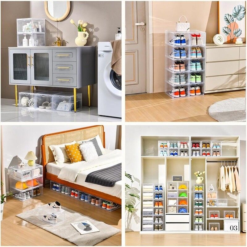 Clear Plastic Shoe Storage Box 8 Pack Stackable Organizer W/ Drop Front Design