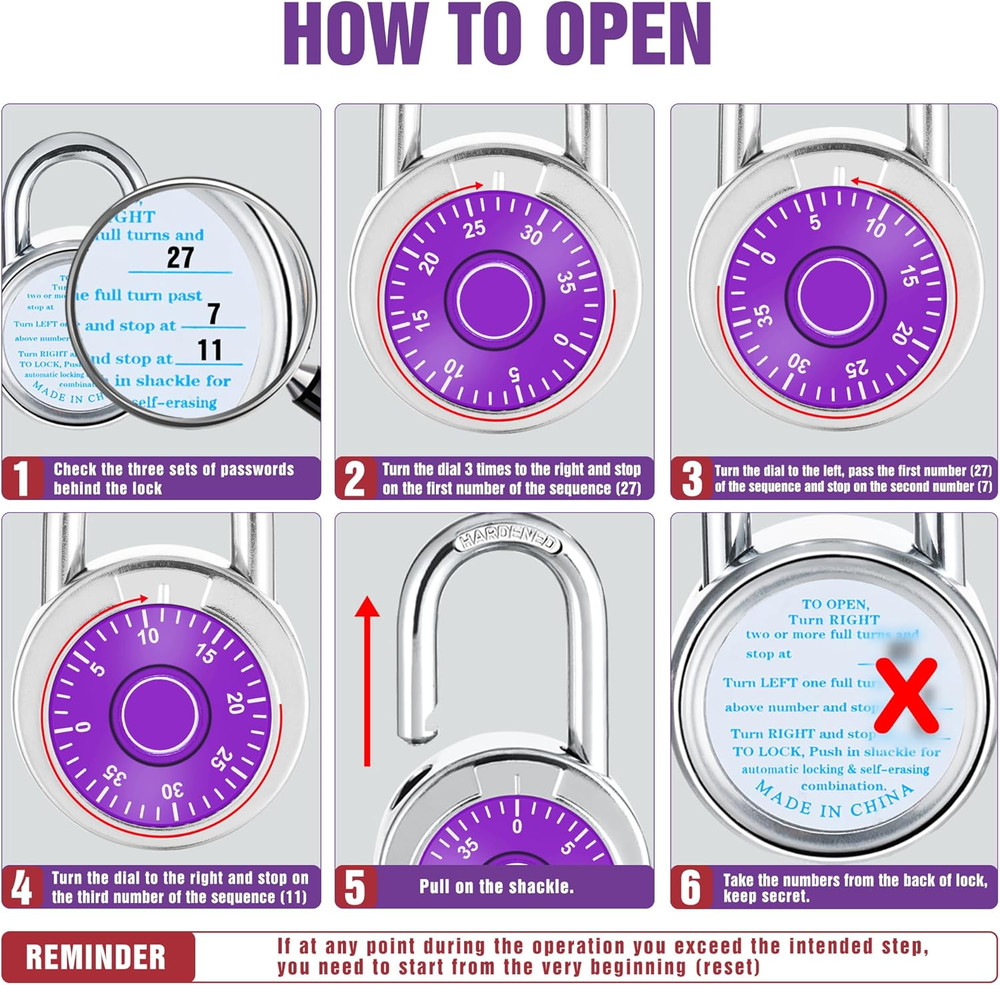 Combination Padlock 1 Pack, 50 Mm (2") Purple Dial Fixed Dial with Different Com