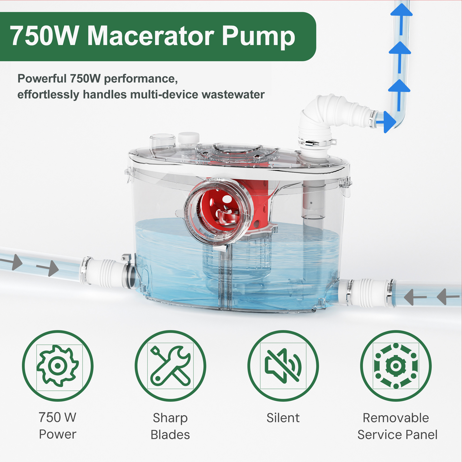 750W Upflush Macerating Toilet System Dual Flush for Basement with 4 Water Inlet