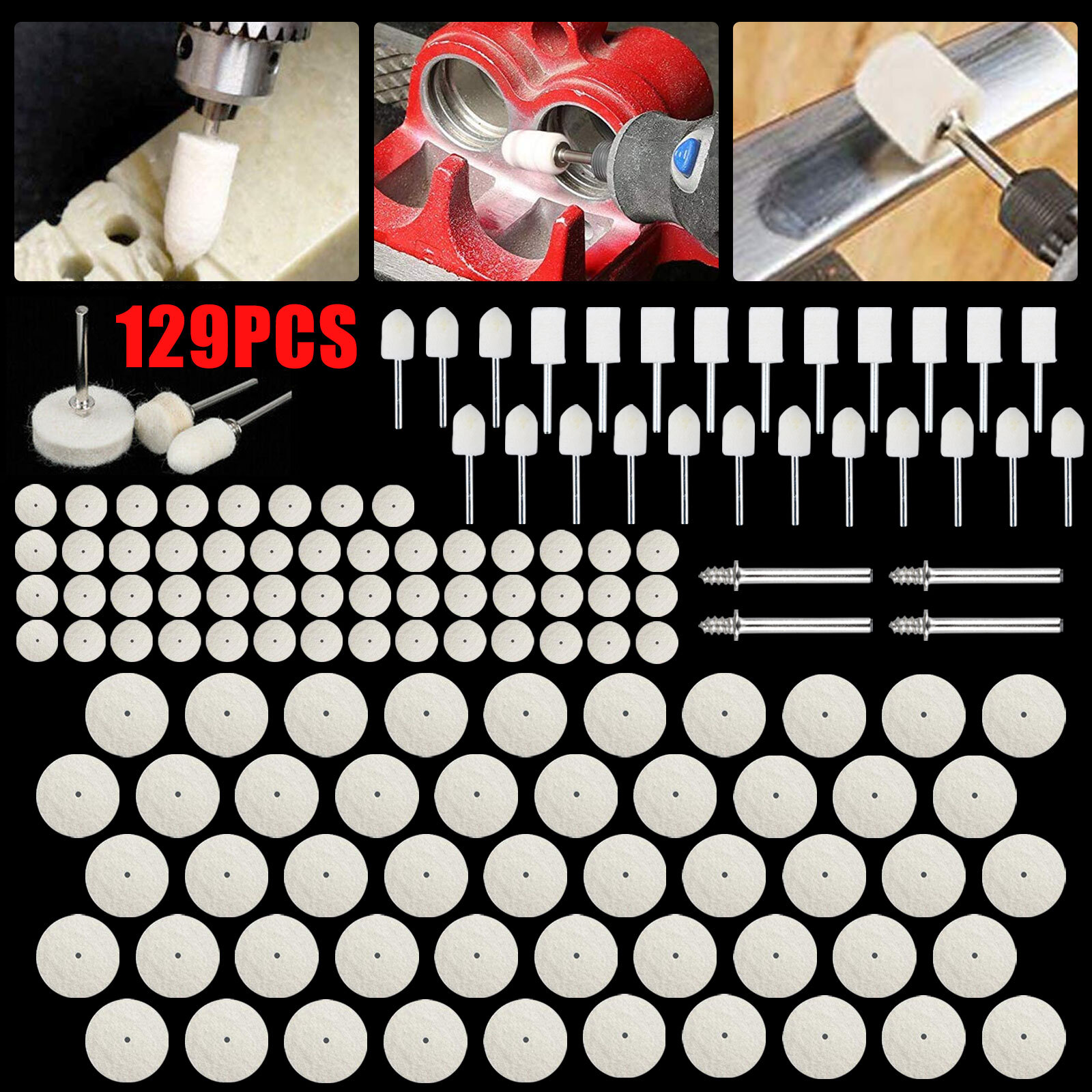 129x Wool Felt Buffing Polishing Pads Wheel Set For Dremel Grinder Accessories