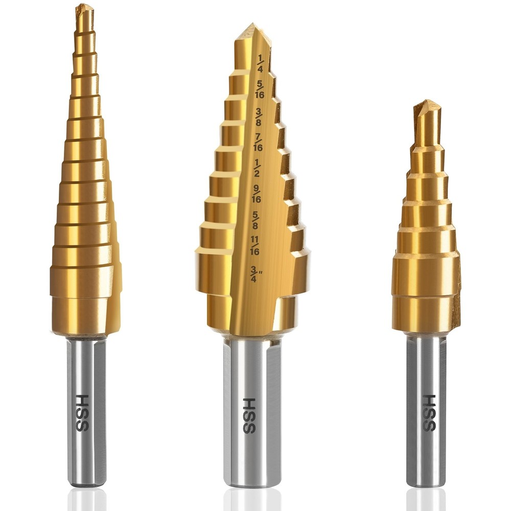 Step Drill Bit Set, 3PCS Titanium High Speed Steel Drill Bits, Step Bits for ...