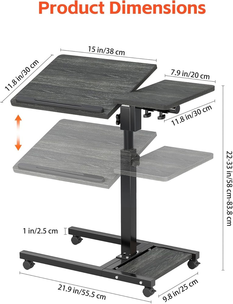 Overbed Table W/ Wheels Adjustable Height Mobile Standing Stand Up Rolling