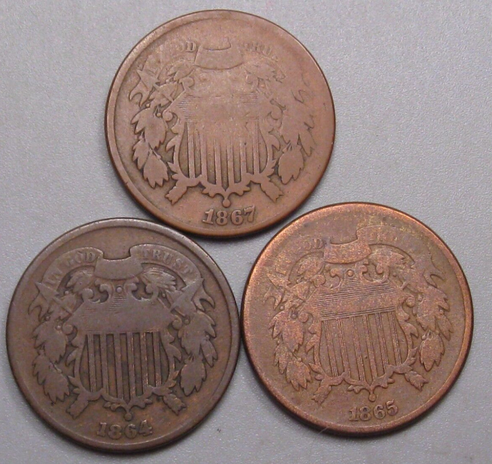 3 US 2¢ Two Cent Piece 1864, 1865, 1867