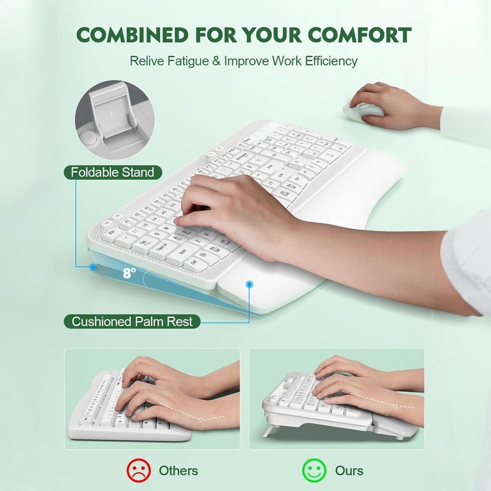 Wireless Keyboard and Mouse Combo, Wave Keys Full-Sized Ergonomic Keyboard