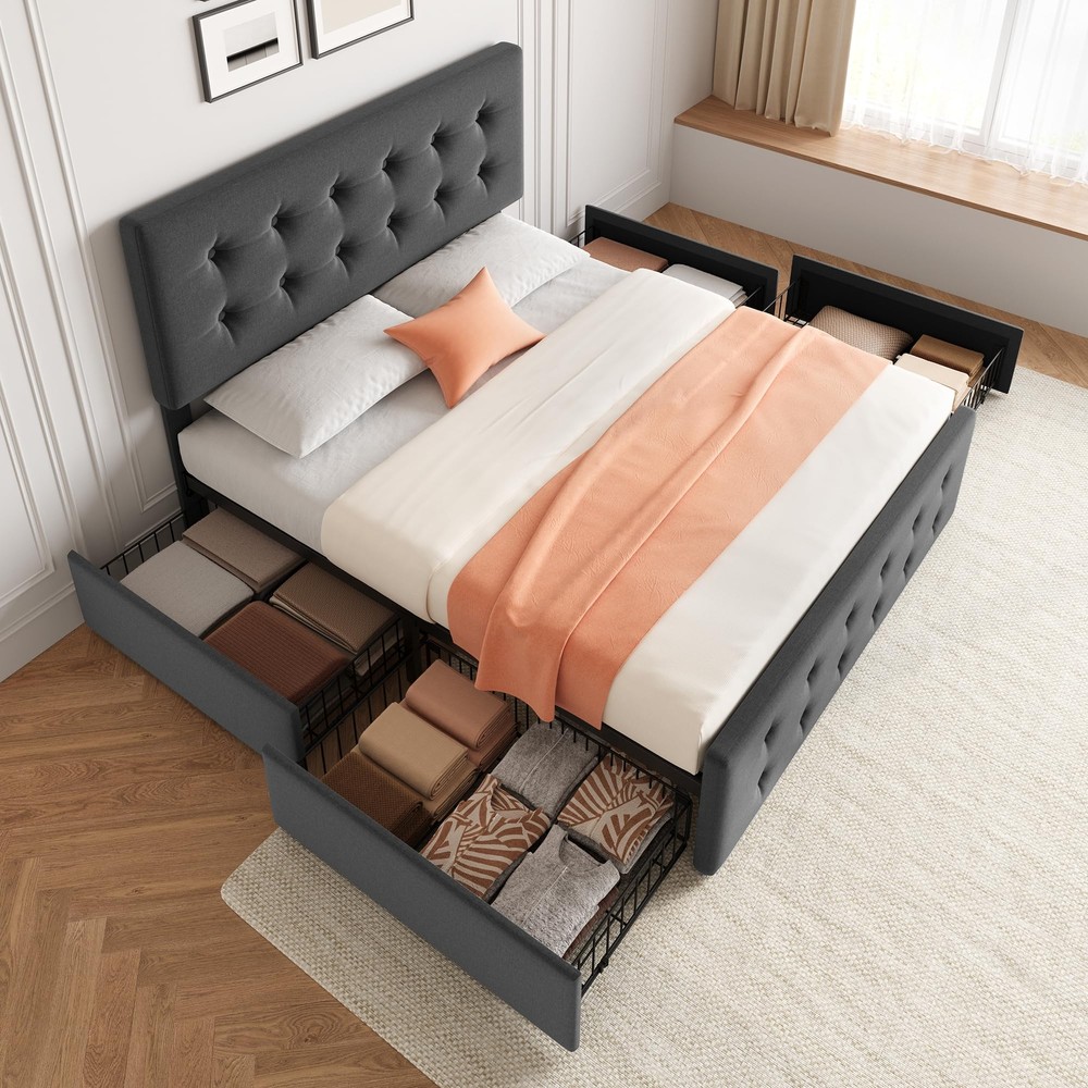 Full Size Bed Frame & Headboard Upholstered Platform w/4 Storage Drawers Modern