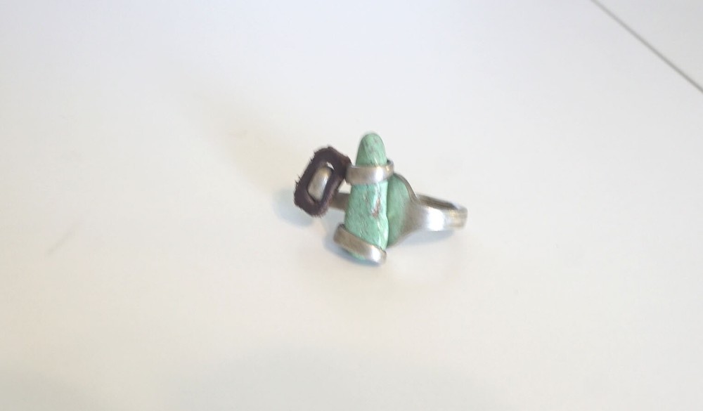 Artisan Fork Wrap RING- Mixed Media- Turquoise Stone, Leather- Size 5 1/2