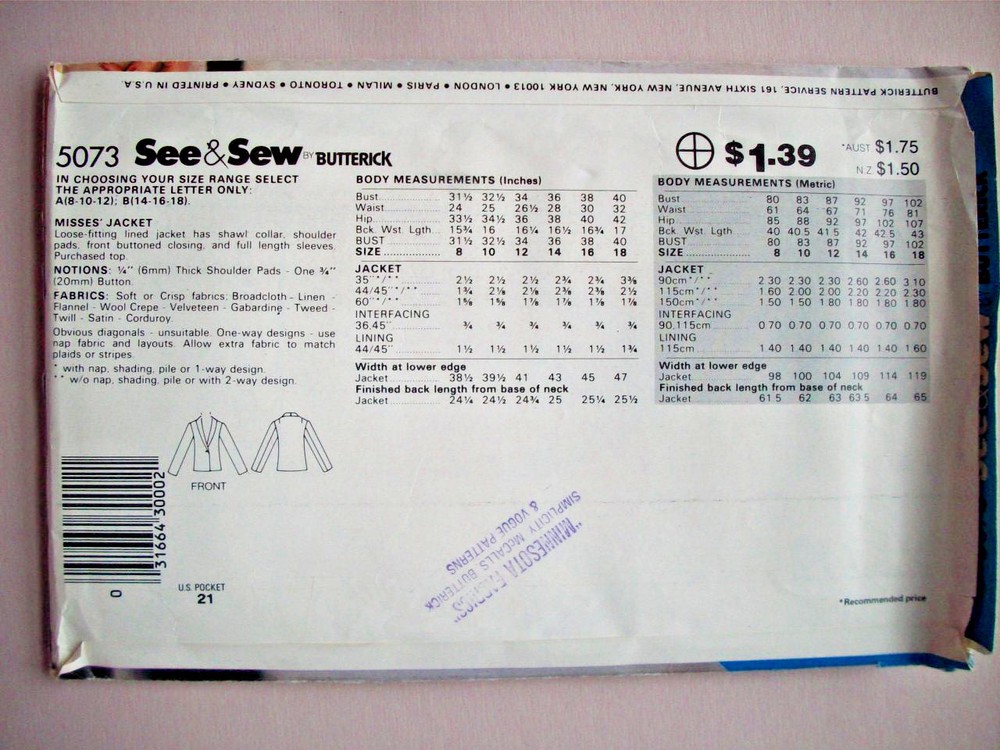 Lined Jacket 5073 size 8 10 12 uncut