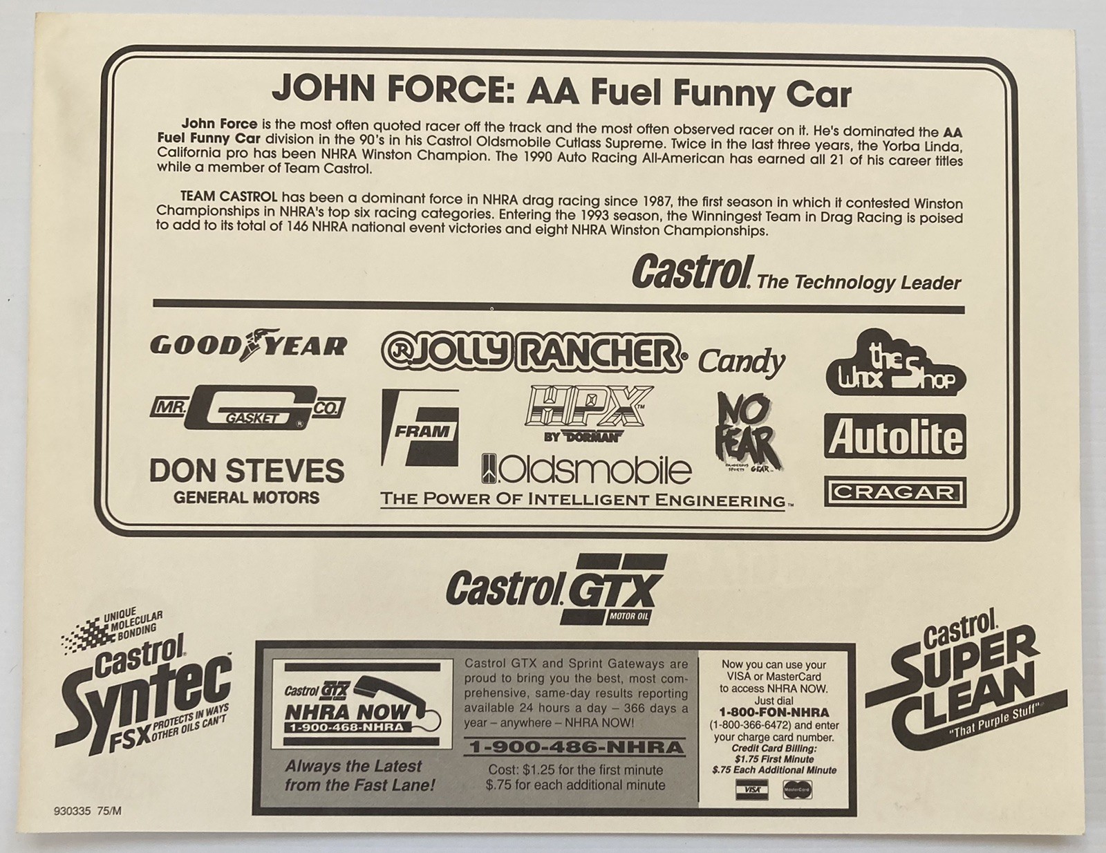 John Force Signed Autograph 8.5x11 1993 Castrol Hero Photo - JSA Cert - FREE S&H