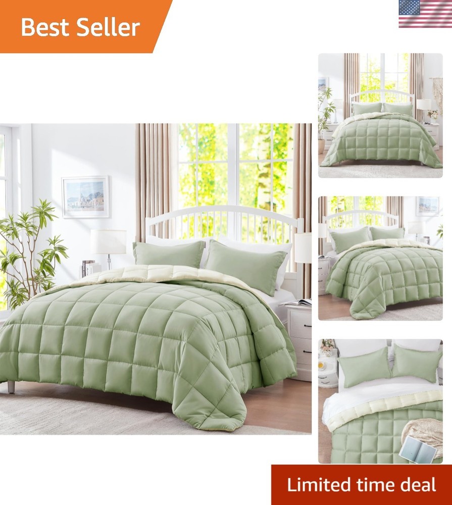 Luxury Queen Comforter Set - 3-Piece Solid Reversible Microfiber for All Seasons
