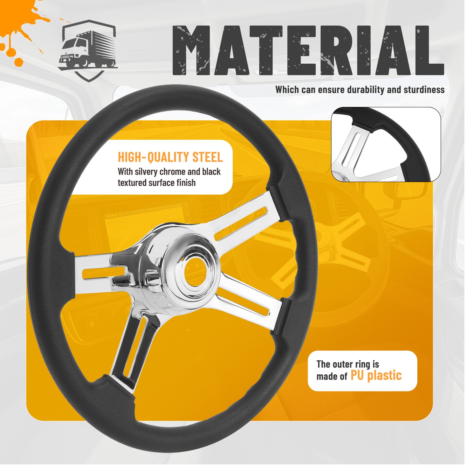 4 Spoke Steering Wheel 18" Black For Freightliner/ Kenworth/ Peterbilt/ Volvo