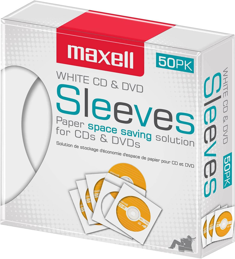 Maxell 190135 Protective Thin Clear Plastic Easy Storage CD & DVD Sleeves White