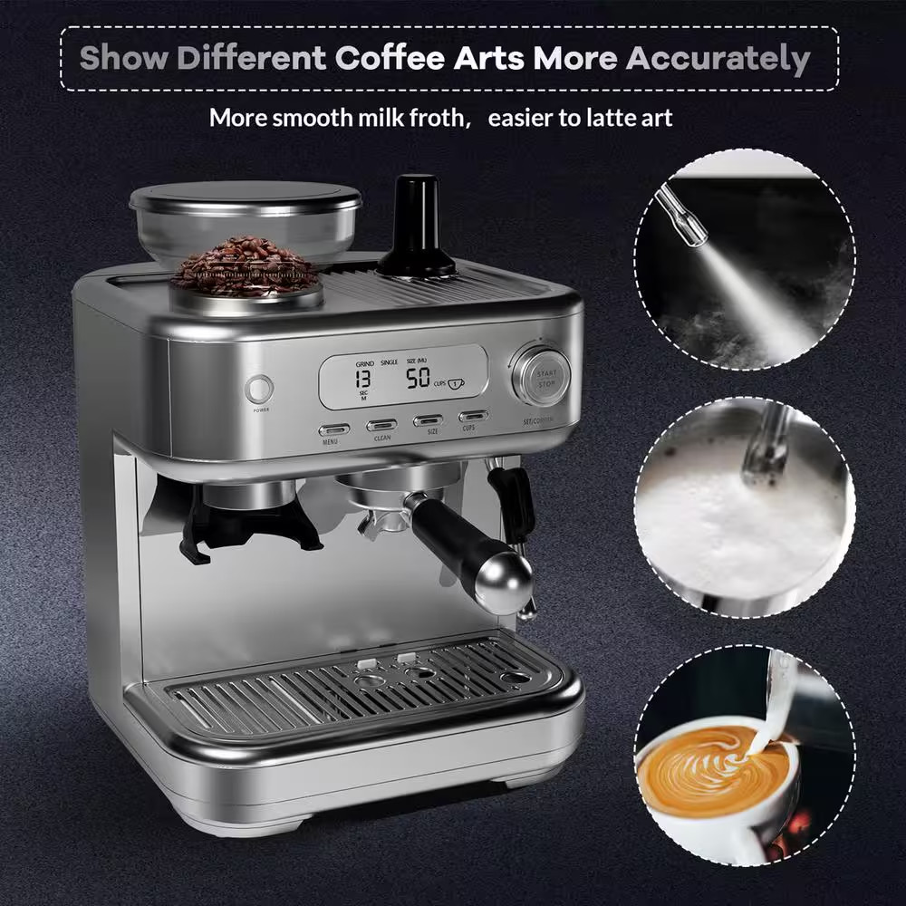 2 Cup Stainless Steel Digital Display Semi-Automatic Espresso Machine with Built